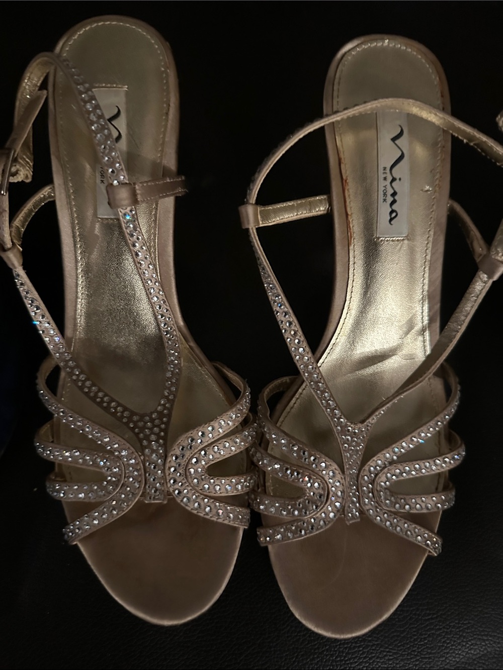 Nina Champagne Crystal-Strap Evening Heels